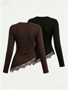 GlowEve Women's Round Neck Long Sleeve Pleated Contrast Lace Hem Fashion T-Shirt - Multicolor - View 2