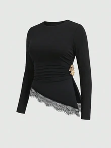 GlowEve Women's Round Neck Long Sleeve Pleated Contrast Lace Hem Fashion T-Shirt - Multicolor - View 7