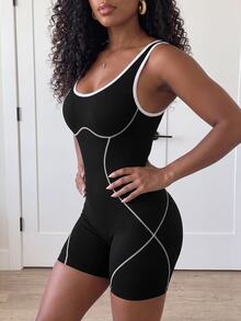 BamGleam 1 buah Romper Biasa/Desain Berongga/Gaya Dasar/Hitam & Putih/Romper Olahraga/Fitness/Yoga Tanpa Jahitan - Hitam - View 4