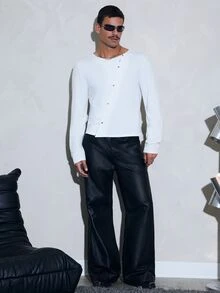 FeverCity 男士網紗透視休閒不對稱長袖圓領T恤 - 白色 - 查看 8