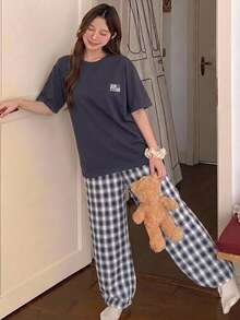 DAZY Women's Short Sleeve Top & Plaid Pants Loungewear Set - Navy Blue - View 6