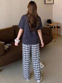 DAZY Women's Short Sleeve Top & Plaid Pants Loungewear Set - Navy Blue - View 2