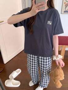 DAZY Women's Short Sleeve Top & Plaid Pants Loungewear Set - Navy Blue - View 4