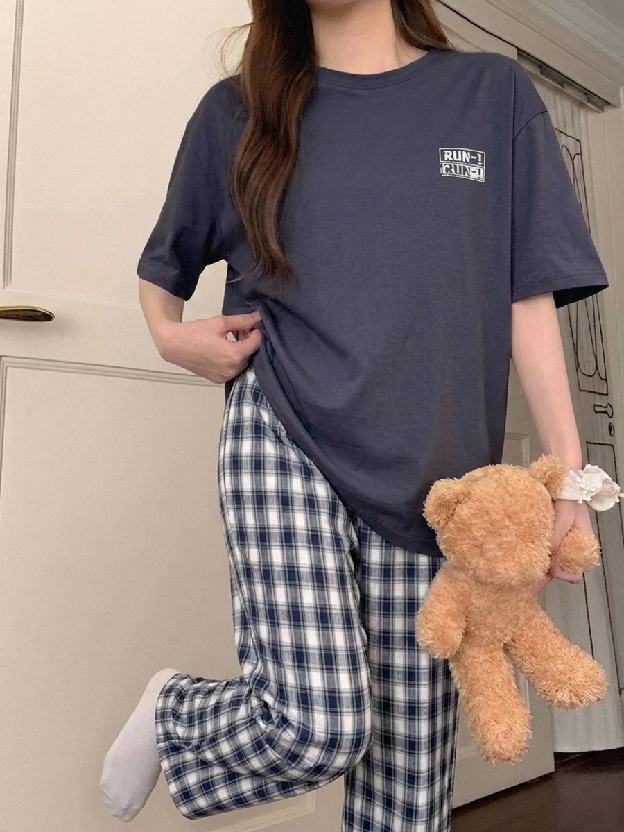 DAZY Women's Short Sleeve Top & Plaid Pants Loungewear Set - Navy Blue - View 1