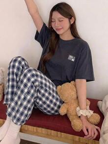 DAZY Women's Short Sleeve Top & Plaid Pants Loungewear Set - Navy Blue - View 3