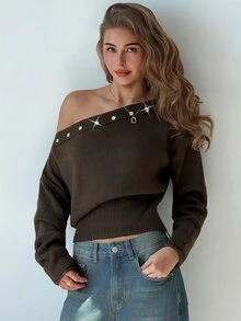 Aloruh 深棕色斜肩領女款休閒性感優雅短版針織套頭毛衣 秋冬早午餐之夜約會穿搭 新款秋季款式 - 棕色 - 查看 6
