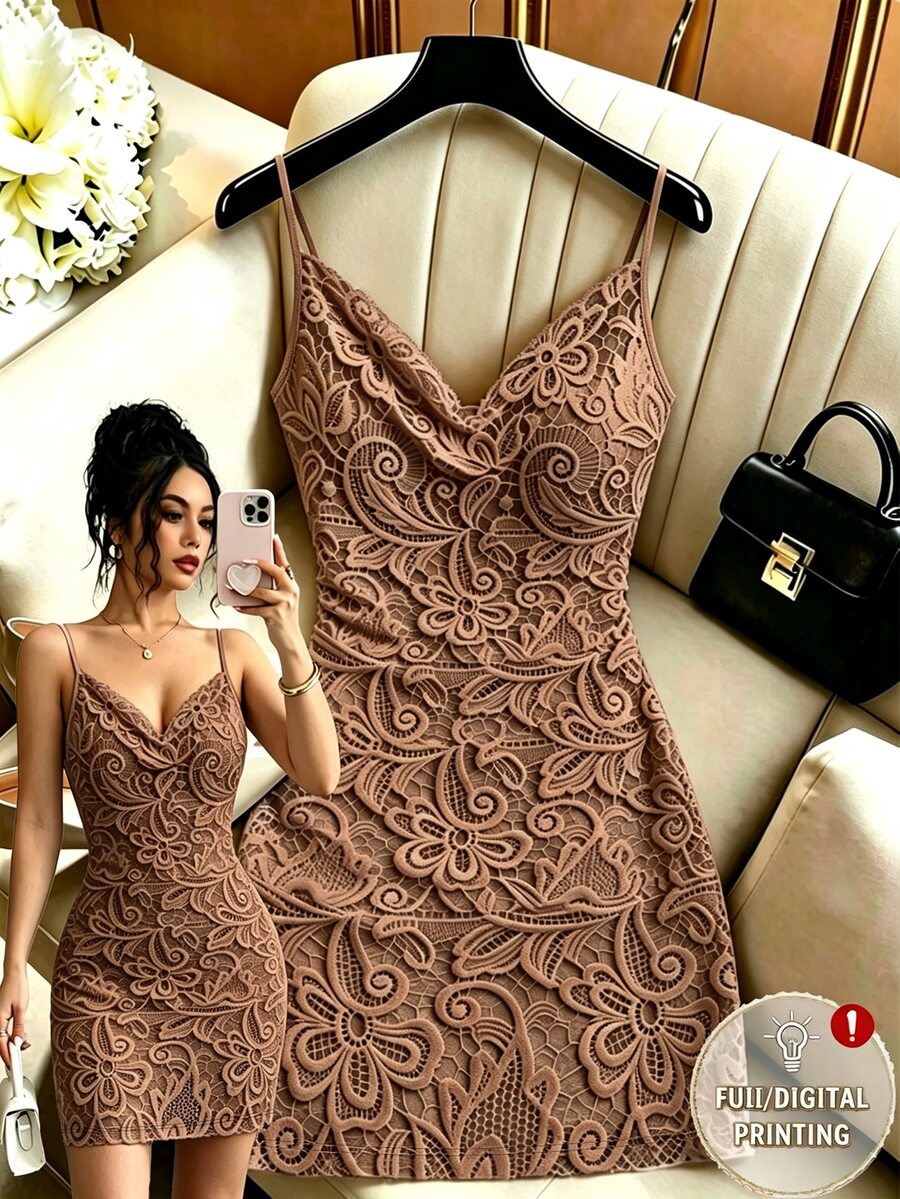 Selianne 時尚通勤風 3D 蕾絲印花細肩帶洋裝 - 棕色 - 查看 1