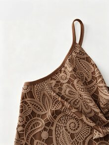 Selianne 時尚通勤風 3D 蕾絲印花細肩帶洋裝 - 棕色 - 查看 6