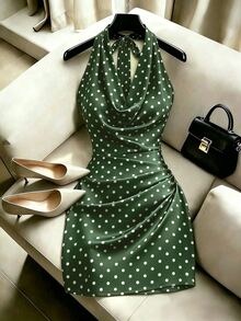 SHEIN PariChic 女款波點垂領休閒派對掛脖洋裝 - 綠色 - 查看 6