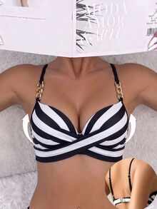Swim SXY Parte superior de bikini con rayas de decoración de cadena para playa de verano - Multicolor - Ver 1