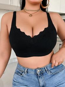 SHEIN 大尺碼女款無鋼圈蕾絲拼接內衣 - 黑色 - 查看 3