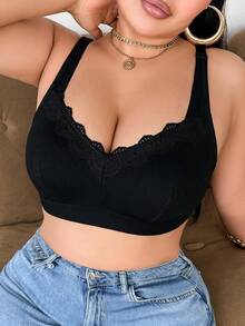 SHEIN 大尺碼女款無鋼圈蕾絲拼接內衣 - 黑色 - 查看 4