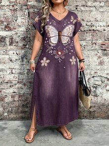 EMERY ROSE Spring Women's Colorblock Floral Print Short Sleeve Plus Size Dress - Multicolor - View 4