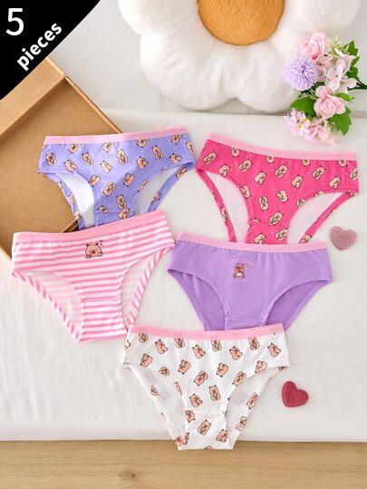 5 Pieces Girls Big Tween Girl Heart Print Line Star English Lettering Purple Baby Pink White Fashion Kawaii Cartoon Cute Triangle Panties Night Winter