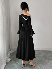 Modelyn 女款不對稱單肩拼色優雅收腰喇叭袖派對洋裝 沙烏地阿拉伯國慶日 - 黑色 - 查看 2