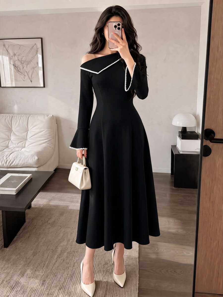 Modelyn 女款不對稱單肩拼色優雅收腰喇叭袖派對洋裝 沙烏地阿拉伯國慶日 - 黑色 - 查看 1