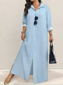 SHEIN Clasi 大尺碼女款度假風長版襯衫洋裝，長袖，拼色條紋，單排扣，秋季 - 淺藍色 - 查看 5