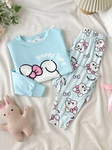 SHEIN Tween Girls Pajamas Kids, Snug Fit - Blue and White - View 7