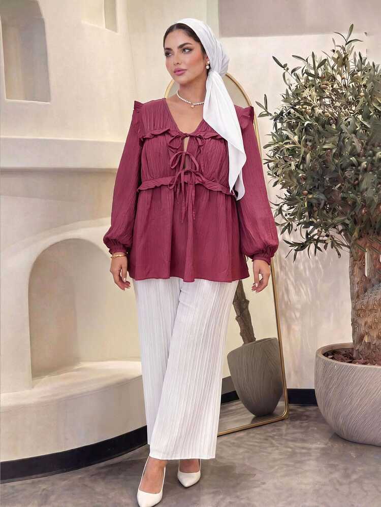 Auveirra New Plus Size Women's Burgundy Solid Color Minimalist V-Neck Long Sleeve Top, Everyday Wear Thanksgiving For Women Vacation Stylish Collection/Winter - Burgundy - View 3