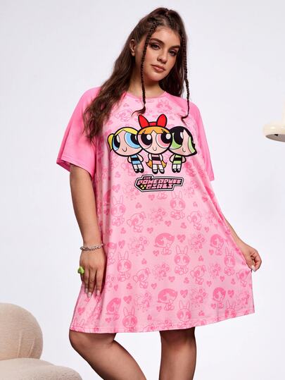 THE POWERPUFF GIRLS X SHEIN Plus Size Summer Cute Letter & Blossom, Bubbles, Buttercup Pattern Raglan Sleeve Nightgown Kawaii Nightgown Pink Nightgown Powerpuff Girls Dress Powerpuff Girls Nightgown Cartoon Nightgown Moo Moo Night Gown Moomoo Dress Romwe Kawaii