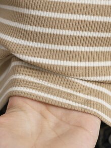 青少年女孩時尚休閒優雅可愛街頭風混色條紋蕾絲飾邊長袖T恤 秋季 - 卡其色 - 查看 4