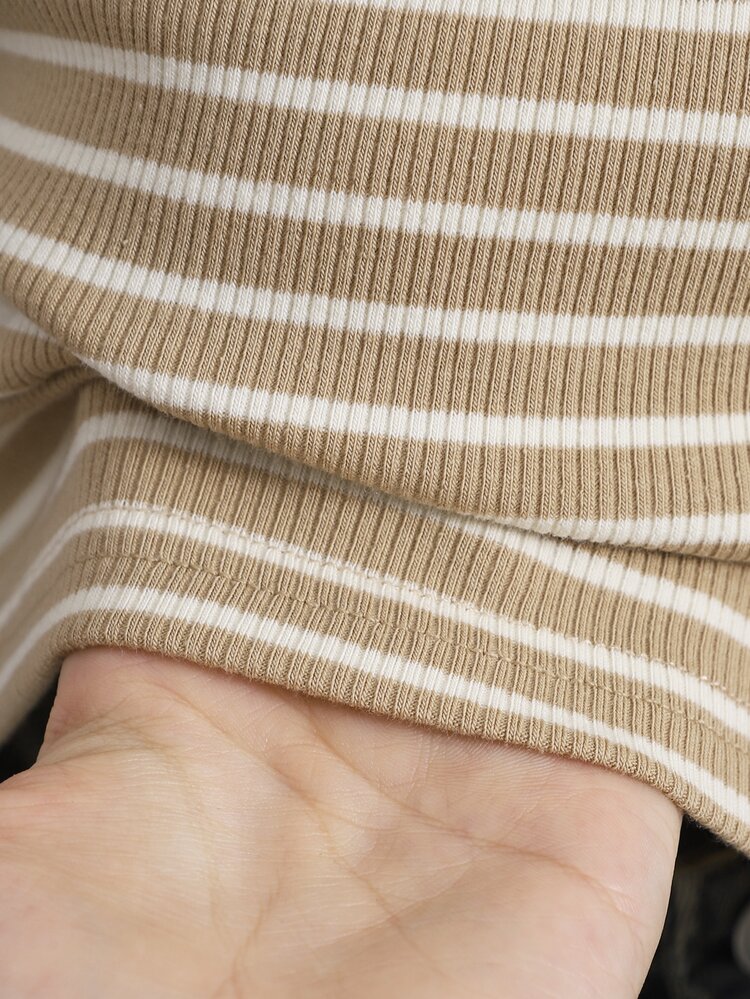 Teen Girls Fashion Casual Elegant Cute Street Style Mixed Stripe Lace Trim Long Sleeve T-Shirt Autumn - Khaki - View 4