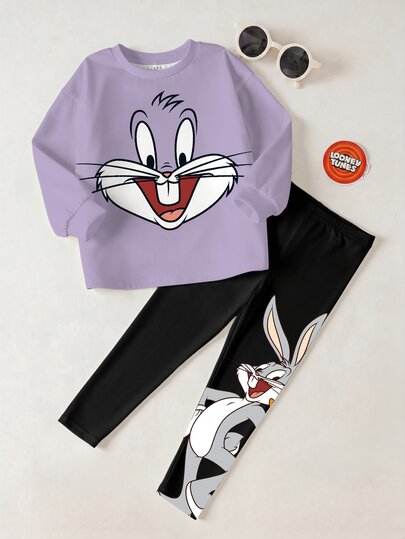 LOONEY TUNES X SHEIN طقم كاجوال للبنات الصغيرات ببلوزة رياضية بياقة دائرية مطبوعة برسومات كرتونية وبنطال ليقنز