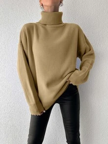 EURMUSE Ladies' Solid Color High Neck Rib Knit Drop Shoulder Sweater - Camel - View 3