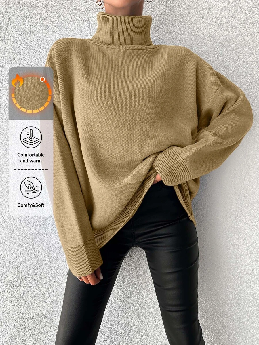 EURMUSE Ladies' Solid Color High Neck Rib Knit Drop Shoulder Sweater - Camel - View 1