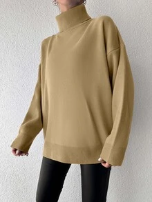 EURMUSE Ladies' Solid Color High Neck Rib Knit Drop Shoulder Sweater - Camel - View 5