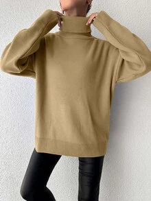 EURMUSE Ladies' Solid Color High Neck Rib Knit Drop Shoulder Sweater - Camel - View 6