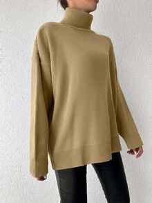 EURMUSE Ladies' Solid Color High Neck Rib Knit Drop Shoulder Sweater - Camel - View 4