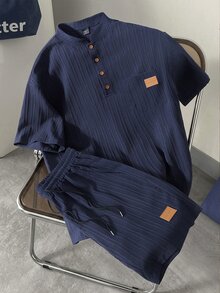 Daypath 男士成熟休閒短袖襯衫與短褲套裝，極簡舒適版型，適合日常休閒穿著與外出 - 寶藍色 - 查看 3