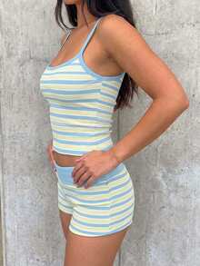 SHEIN EZwear Summer Colorblock Striped Camisole And Shorts Set - Multicolor - View 7