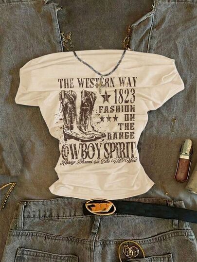 Attitoon Women's Casual Ruched Waist Square Neck Fitted Short Sleeve T-Shirt, Suitable For Summer, Casual Minimalist Vintage Punk Y2K Versatile Party Gathering Rural Boots Western Cowboy English Letter Country Style Print Pattern T-Shirt, Music Festival, Gothic, Summer