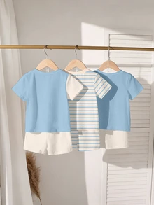 SHEIN Vintaside Kids 3套裝，隨機附贈1套淺藍對比色兒童休閒時尚經典騎士印花圓領短袖T恤與短褲套裝 - 彩色 - 查看 2