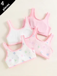 SHEIN 4件組女孩大童蝴蝶結印花可愛甜美粉色繫帶加厚內墊背心，柔軟可穿著背心上衣，適合學校體操，白色冬季可愛全白款 - 彩色 - 查看 3
