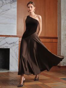 Anewsta Affair Women's Elegant Party Dress, Velvet & Satin Patchwork Versatile Dress, Asymmetrical Shoulder Short Sleeve Flared Dress - Coffee - View 3