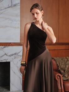 Anewsta Affair Women's Elegant Party Dress, Velvet & Satin Patchwork Versatile Dress, Asymmetrical Shoulder Short Sleeve Flared Dress - Coffee - View 5