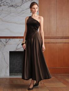 Anewsta Affair Women's Elegant Party Dress, Velvet & Satin Patchwork Versatile Dress, Asymmetrical Shoulder Short Sleeve Flared Dress - Coffee - View 1