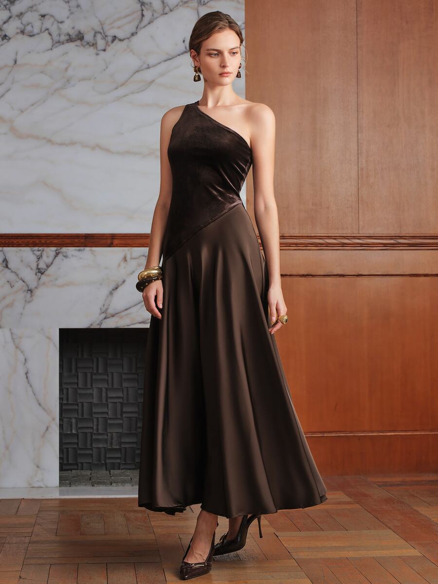 Anewsta Affair Women's Elegant Party Dress, Velvet & Satin Patchwork Versatile Dress, Asymmetrical Shoulder Short Sleeve Flared Dress - Coffee - View 1