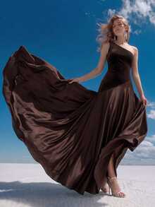 Anewsta Affair Women's Elegant Party Dress, Velvet & Satin Patchwork Versatile Dress, Asymmetrical Shoulder Short Sleeve Flared Dress - Coffee - View 8