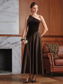 Anewsta Affair Women's Elegant Party Dress, Velvet & Satin Patchwork Versatile Dress, Asymmetrical Shoulder Short Sleeve Flared Dress - Coffee - View 4
