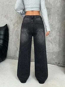 SHEIN 少女黑色牛仔不對稱腰寬鬆寬腿長褲，可搭配白色襯衫 - 黑色 - 查看 2