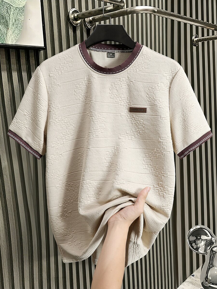 SERO LANO Men's Knitted Jacquard Solid Color Textured Apricot Collar & Cuff Ribbed Chest Leather Patch T-Shirt - Apricot - View 1