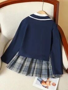 Tween Girls 2pcs/Set College Style Blazer Jacket And Pleated Plaid Mini Skirt Outfit, Spring/Autumn, Vintage, Casual - Black - View 2