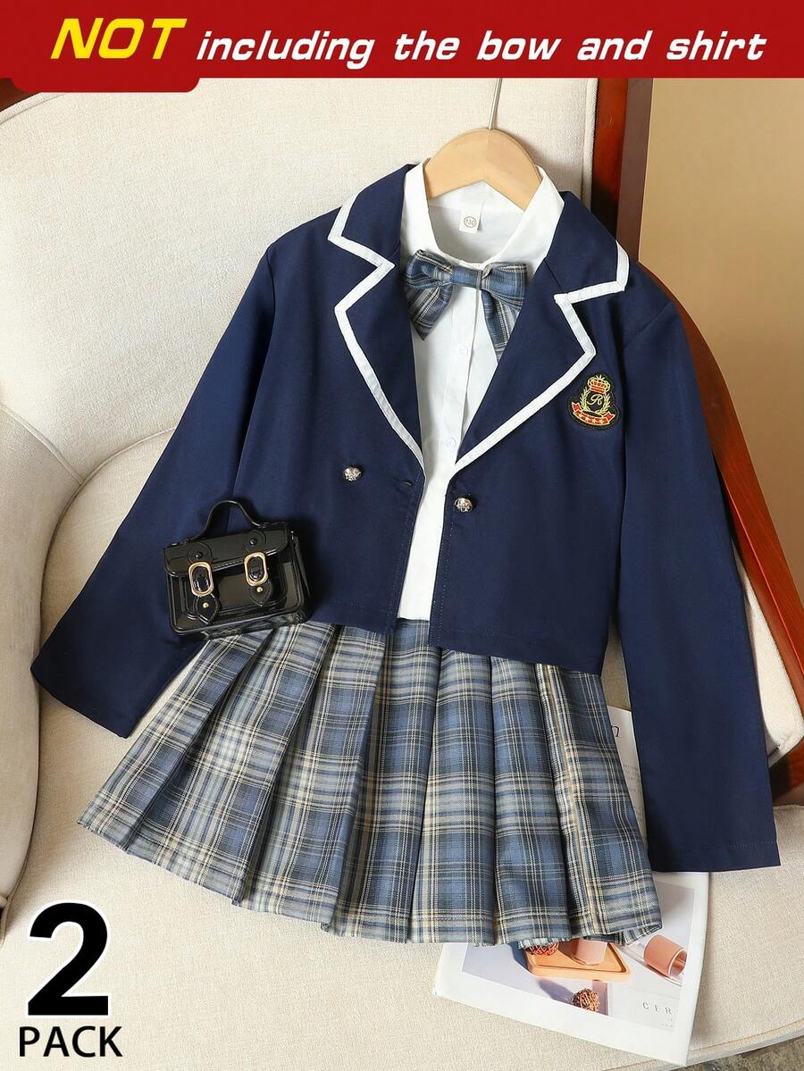 Tween Girls 2pcs/Set College Style Blazer Jacket And Pleated Plaid Mini Skirt Outfit, Spring/Autumn, Vintage, Casual - Black - View 1