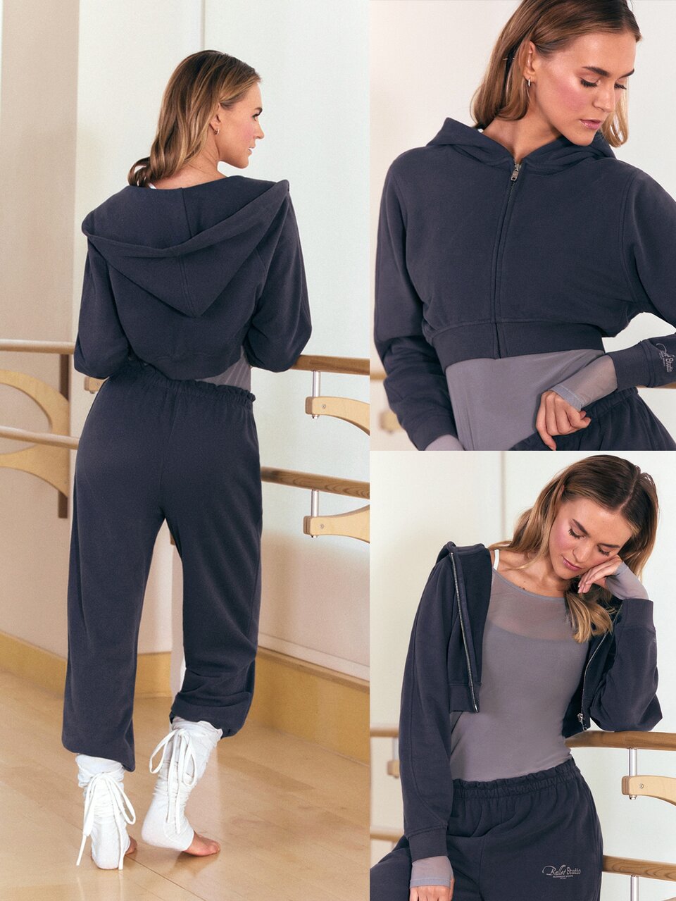 Sudadera con capucha corta con cremallera, de tela de rizo cómoda, que absorbe la humedad, con dobladillo y puños acanalados, para ballet, barra, uso diario y casual