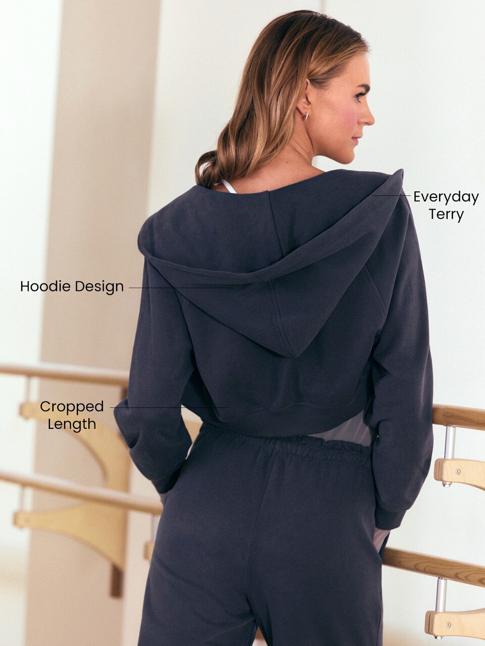 Sudadera con capucha corta con cremallera, de tela de rizo cómoda, que absorbe la humedad, con dobladillo y puños acanalados, para ballet, barra, uso diario y casual