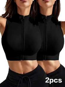 SHEIN Velisys 2 Pcs Black Half Zip Stand Collar Sleeveless Sports Crop Tops, Slim Fit, Suitable For Yoga Fitness Daily Summer - Black - View 1